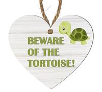 Funny Tortoise Warning Sign - "Beware of the Tortoise!" - Heart-Shaped MDF Wall Décor for Home, Garden Shed, or Office - Cute and Humorous Animal-Themed Sign (Small: 10 cm (H) × 9 cm (W))