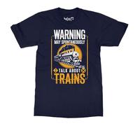 Funny Train Lover T-Shirt - Kids 11-13 - Navy - Warning May Spontaneously Talk About Trains Tee - Railroad Enthusiast Gift - Retro Train Graphic Shirt