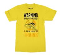 Funny Train Lover T-Shirt - Kids 7-8 - Yellow - Warning May Spontaneously Talk About Trains Tee - Railroad Enthusiast Gift - Retro Train Graphic Shirt