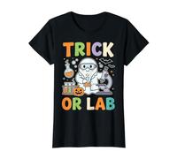 Funny Trick or Lab Ghost Scientist Halloween Chemistry Pun Value Graphic T-Shirt, Women, Black, XS