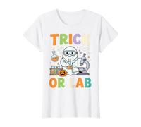 Funny Trick or Lab Ghost Scientist Halloween Chemistry Pun Value Graphic T-Shirt, Women, White, M