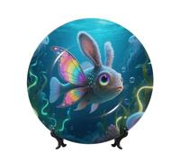 Funny Trippy Animal Fish Bone China Decorative Plate,6in（15cm） Ceramic Decorative Plates with Display Stand,Ceramic Ornaments Art Porcelain Plate for Home Office Wall Decor Collections Plates