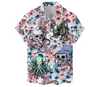 Funny Tropical Hawaiian Shirt, Aloha Summer Beach Short Sleeve Button Down Shirt for Men, Women, Octopus Skull, M