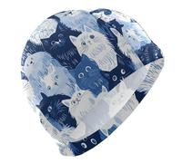 Funny Turkish Angora Cats Navy Blue Womens Swim caps for Men Short Hair Waterproof Swim Women Adult Hair Protection and Drag Reduction Gorras de natacion para Mujer