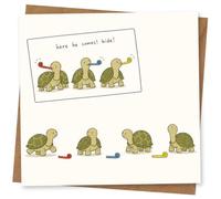 Funny Turtle Greeting Card for Birthday or General Occasion, Cute Cartoon Tortoise Design with 'here he comes! hide!' Message