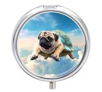 Funny Turtle Pug Dog in The Pill Box Cute Round Pill Case Portable Medicine Tablet Vitamin Holder Organizer for Purse Pocket