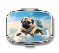 Funny Turtle Pug Dog in The Sky Pill Organizer Small Pill Box with Two Compartments Pill Case Metal Medicine Organizer Portable Medicine Box Holder Medication Holder Travel Pill Container