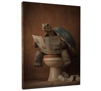 Funny Turtle Reading Newspaper Canvas Wall Art, Brown Green Animal Poster Prints, Humorous Bathroom Decor for Living Room, Bedroom, Office, Wrapped Canvas 8x10 Inch