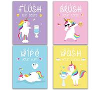 Funny Unicorn Bathroom Decor Cute Paintings Gift for Kids, Wash Wipe Flush Brush, Unicorn Rainbow Girls Gift Art Prints, (Unframed8 x 10), Cute Kids Children’s Tween Set of 4 Posters for Home