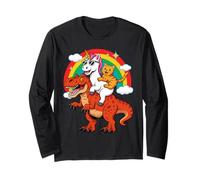 Funny Unicorn Cat Riding Dinosaur T-Rex Rainbow Space Galaxy Long Sleeve T-Shirt