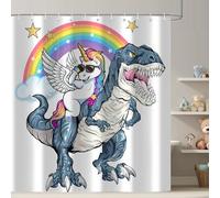 Funny Unicorn Riding Dinosaur Shower Curtain, Cool Cute Cartoon Space Colorful Rainbow Fantasy Galaxy Shower Curtains for Kids Boys Girls Bathroom Set Decor, Waterproof Durable with 12 Hooks, 72x72