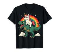 Funny Unicorn Riding T Rex Dinosaur Rainbow Graphic T-Shirt