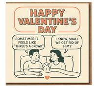 Funny Valentine's Day Card - Three's a Crowd Bed Cartoon - Humorous Romantic Card for Partner, Boyfriend, Girlfriend, Husband or Wife