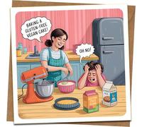 Funny Vegan Gluten-Free Cake Birthday Card - Humorous Baking Kitchen Illustration, Blank Inside - 145mm x 145mm Square Greeting Card with Kraft Envelope - For Him, Her, Friends, Mom, Dad