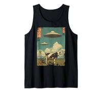 Funny Vintage Japanese Cow About to be Abducted UFO Alien Tank Top