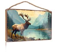 Funny Wall Decor Signs Elk By The River: A Serene Mountain Landscape Wooded Sign Funny Home Sign Bathroom Wall Art(15X28CM)