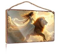 Funny Wall Decor Signs Golden Dreams: A Woman In White Riding A Lion Through The Clouds Wooded Sign Funny Home Sign Bathroom Wall Art(20X30CM)