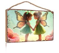 Funny Wall Decor Signs Two Little Fairies With Butterfly Wings Holding Hands On A Beach Wooded Sign Funny Home Sign Bathroom Wall Art(23X35CM)