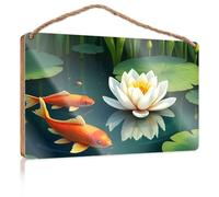 Funny Wall Hanging Decor Plaque Koi Fish Swim Near A Blooming Lotus Flower Wooded Sign Spring Signs for Front Porch Funny Husband Gifts(15X28CM)