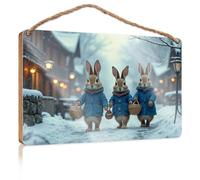 Funny Wall Hanging Decor Plaque Three Rabbits in Winter Coats Carry Baskets On A Snowy Street Wooded Sign Spring Signs for Front Porch Funny Husband Gifts(15X28CM)