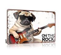 Funny Wall Signs Waterproof Waterproof Artwork, Nostalgic Retro Print For Cafe Pub Workshop | Mimosa Bar Decor Pre-drilled Custom Pug Playing Guitar: "on The Rock"(20X30CM)