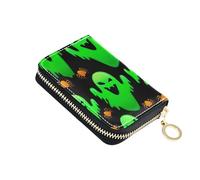 Funny Wallet for Women Zip Around Credit Card Protector RFID Blocking Cartoon Halloween Ghosts Green Zipper Card and Cash Holder