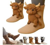 Funny Warm Handmade 3D Knit Animal Socks, Double-layer cotton, Hug Buddies, Long Stocking Sock for Christmas Gifts(Highland Cow)