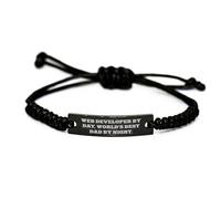 Funny Web Developer Gifts - Web Developer By Day, World's Best Dad By Night. Rope Bracelet, Adjustable Black Stainless Steel & Interlaced Rope, Gifts from Men to Web Developer