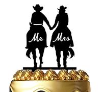 Funny Wedding Cake Topper - Cowboy Groom and Bride Riding Side by Side Holding Hands - Horse Riding Couple Cake Topper, Mr&Mrs Wedding Cake Topper (Horse Couple)
