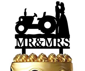Funny Wedding Cake Topper - Groom and Bride Kissing Beside The Tractor - Farmer Wedding Cake Topper, Southern Style Wedding Cake Topper (Tractor)