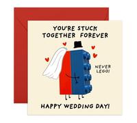 Funny Wedding Card - “Stuck Together, Never LEGO!” - Congratulations Card for Couples, Bride, Groom, Friend, BFF, Bestie, Bro, Lad, Mate, Colleague, Brother, Sister - Comes with Fun Stickers