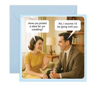 Funny Wedding Conversation Joke Card - Congratulations Card for Bride Groom Couple Bestie Friend Colleague Brother Sister Bro Buddy Pal - Wedding, Engagement - Picking A Date - Comes with Stickers