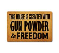 Funny Welcome Front Door Mats Indoor Entrance This House is Scented with Gun Powder and Freedom Personalized Monogram Kitchen Rugs and Mats with Anti-Slip Rubber Back Novelty Gift Mat(23.7 X 15.9 in)