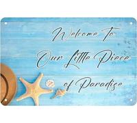 Funny Welcome to Our Little Piece of Paradise Beach Rustic Metal Tin Sign Wall Art Decor Bedroom,Pool Decorations Outdoor,Beach Seashell Sign 6x8 Inch