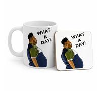 Funny What A Day Work Mug, Novelty Harvey Price Viral Meme, Office Humour Coffee Cup, Bad Day Mug, Gift for Colleague, Friend, Him or Her (Mug & Coaster Set, White 11oz)