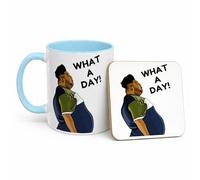 Funny What A Day Work Mug, Novelty Harvey Price Viral Meme, Office Humour Coffee Cup, Bad Day Mug, Gift for Colleague, Friend, Him or Her (Mug & Coaster Set, Light Blue 11oz)
