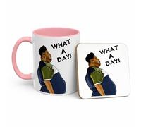 Funny What A Day Work Mug, Novelty Harvey Price Viral Meme, Office Humour Coffee Cup, Bad Day Mug, Gift for Colleague, Friend, Him or Her (Mug & Coaster Set, 11oz Pink)