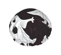 Funny White Ghost Print Shower Cap for Women Men, Reusable Double-Layer Fabric Bathing Cap Girls Hair Caps, 27 CM