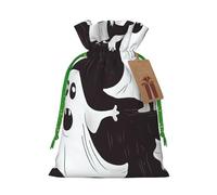 Funny White Ghost Printed Christmas Drawstring Bags,M | Reusable Xmas Gift Storage Bags, Green Christmas Ribbon