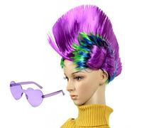 Funny Wigs, 1980s Street Punk Style, Rainbow Wig with Purple Heart Glasses, Perfect for Costume Parties and Role-Playing Events (2-Piece Set)