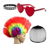 Funny Wigs Sets with Red Glasses Hair Net Rivet Bracelet,1980s Dress Up Rainbow Wig,80s Street Punk Wig,Multi-Coloured Costume Accessories Wigs for Birthday Party and Role Play