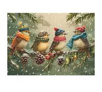 Funny Winter Birds Puzzles for Adults 1000 Pieces, Cute Songbirds with Hats and Scarves Jigsaw Puzzle, Challenging Snowy Pine Branch Holiday Art Puzzle for Family Home Decor