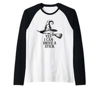 Funny Witch Saying Yes I Can Drive A Stick Halloween Women Raglan Baseball Tee