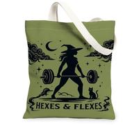 Funny Witch Weightlifting Quote Halloween Canvas Tote Bag 13x15 Inch | Witch Silhouette, Barbell Weightlifting, Cat Companion, Night Skyline Graphic, Humorous Fitness Quote