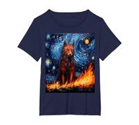 Funny Wolf Art Painting Dog Lover Starry Night Wolf Van Gogh T-Shirt, Women's Plus, Navy Blue, 4X