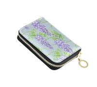 Funny Women's Wallets Leather Cute Card Holder Wallets RFID Blocking Purple Wisteria Flowers Green Zipper Travel Wallet with Key Ring