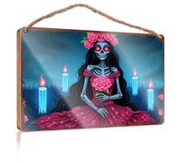 Funny Wood Decor Day Of The Dead: A Skeleton In A Red Dress Holding A Pink Rose Wooded Sign Home Sweet Home Sign Vintage Room Decor(15X28CM)