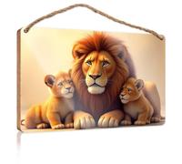 Funny Wood Decor Family Of Lions: A Heartwarming Scene Wooden Sign Bar Signs For Man Cave Hanging Wall Decor Sign(15X28CM)