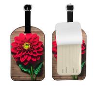 Funny Wooden Board Retro Flower Red Dahlia Print Leatherette Luggage Tag with Secure Strap,Colorful Suitcase Identifier for Travel
