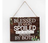 Funny Wooden Plaque Sign Blessed By God Spoiled by My Husband Protected By Both Country Wall Décor for Entryway Wooden Signs Painted Wall Decor Sign for Room 10x12 Inch